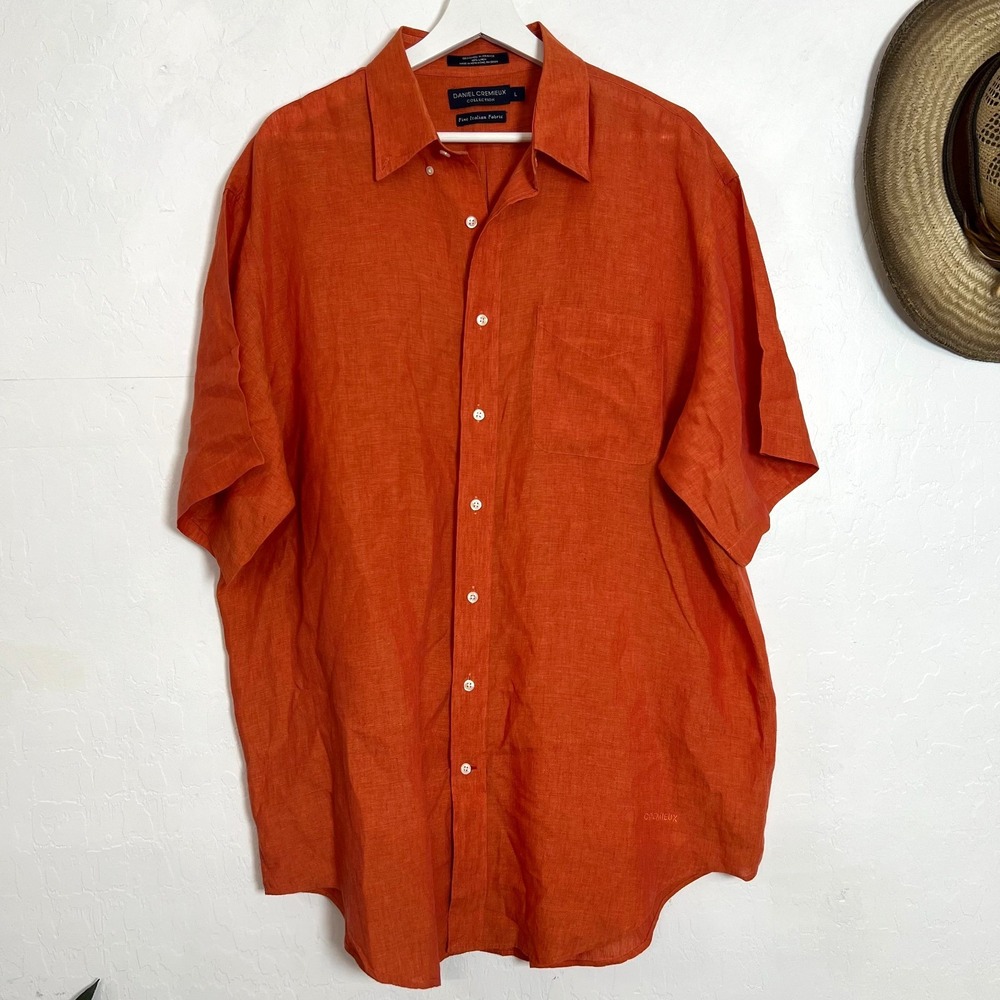 Daniel Cremieux Collection Linen Shirt Mens Sz L Orange Short Sleeve Italian